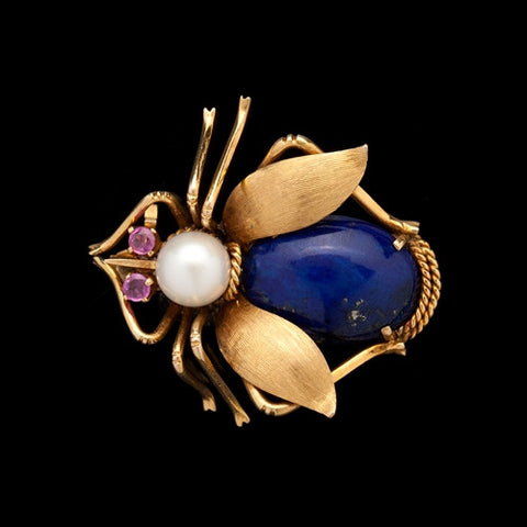 Lapis & Pearl Gold Bug Brooch