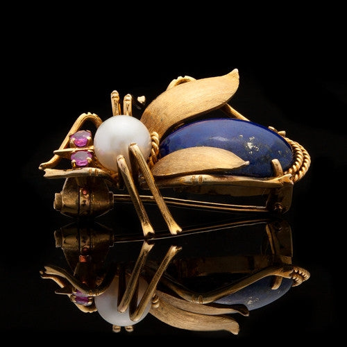 Lapis & Pearl Gold Bug Brooch