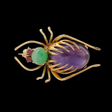 Amethyst & Jade Gold Bug Brooch