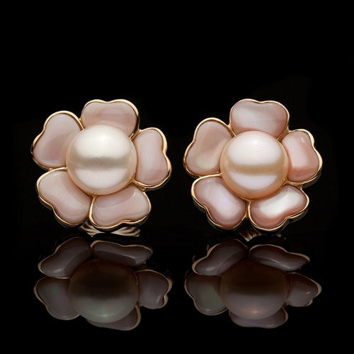 14Kt Pearl & Mother of Pearl Flower Earrings