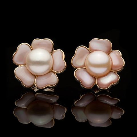 14Kt Pearl & Mother of Pearl Flower Earrings