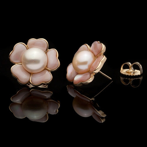 14Kt Pearl & Mother of Pearl Flower Earrings