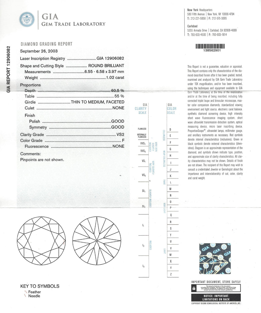 GIA 1.02ct F/VS2 Diamond in Yellow Gold 6 Prong Ring