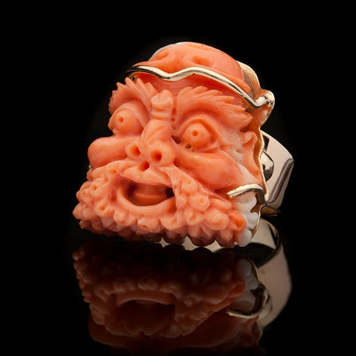 Estate Asian Carved Face Coral Ring