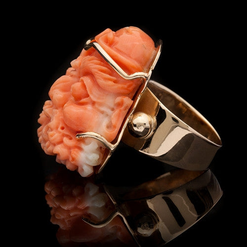 Estate Asian Carved Face Coral Ring