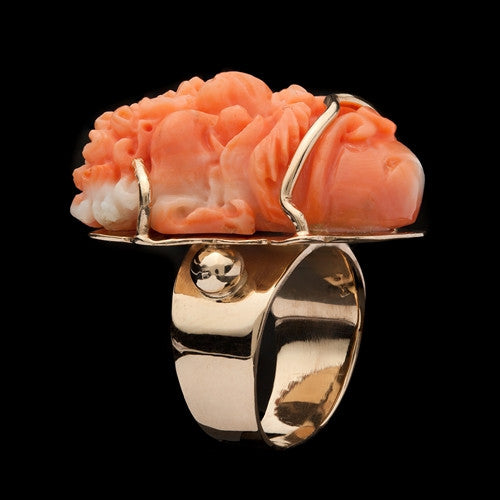 Estate Asian Carved Face Coral Ring