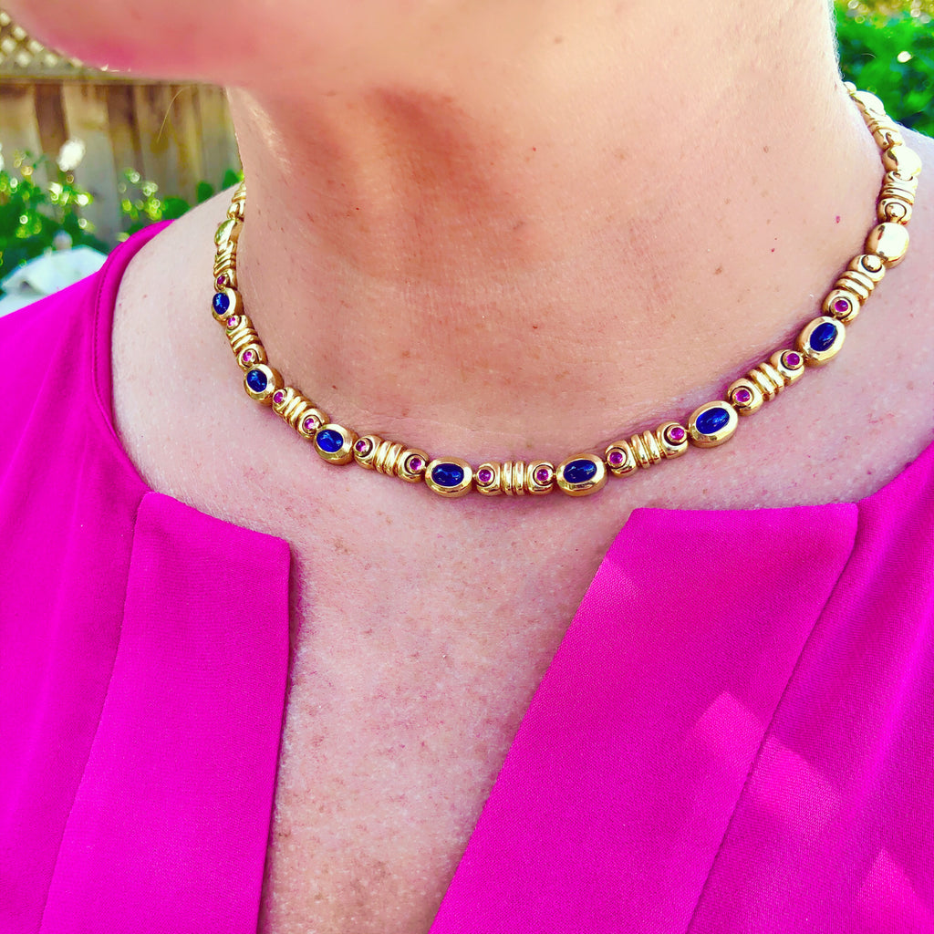 Salavetti 18Kt Yellow Gold Sapphire & Ruby Choker Necklace