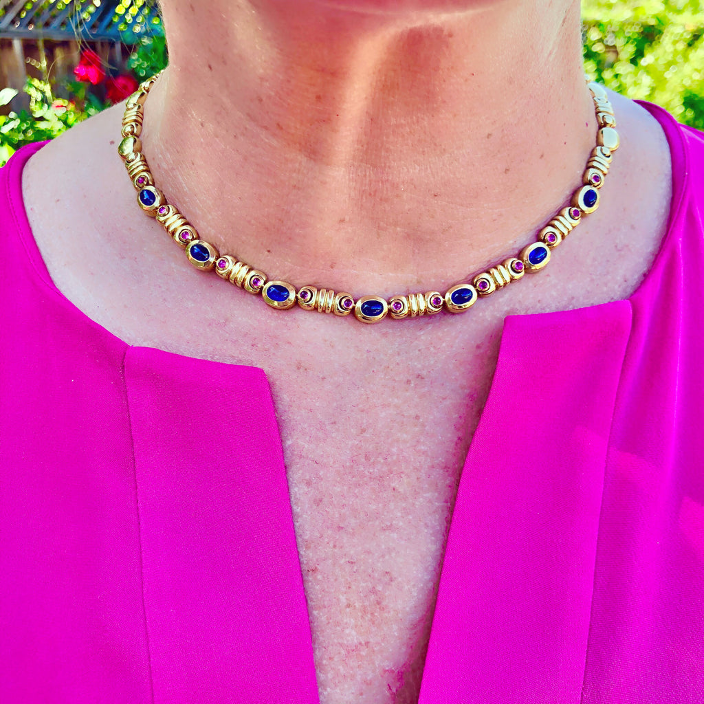 Salavetti 18Kt Yellow Gold Sapphire & Ruby Choker Necklace