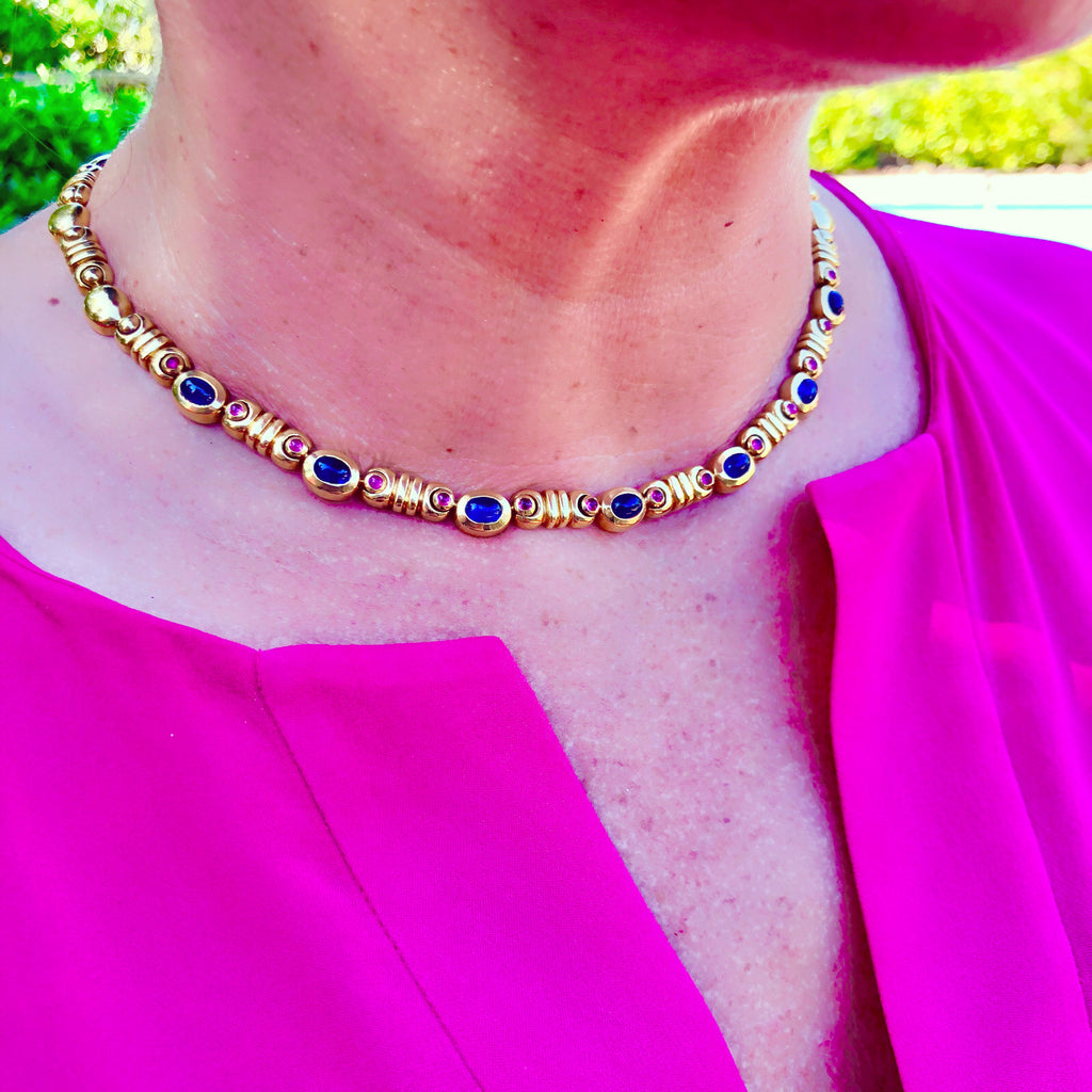 Salavetti 18Kt Yellow Gold Sapphire & Ruby Choker Necklace
