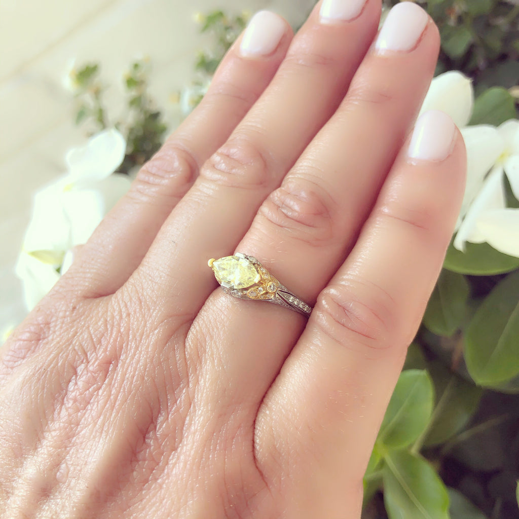 Exclusive GIA 1.04ct Fancy Yellow Diamond Platinum Ring, French