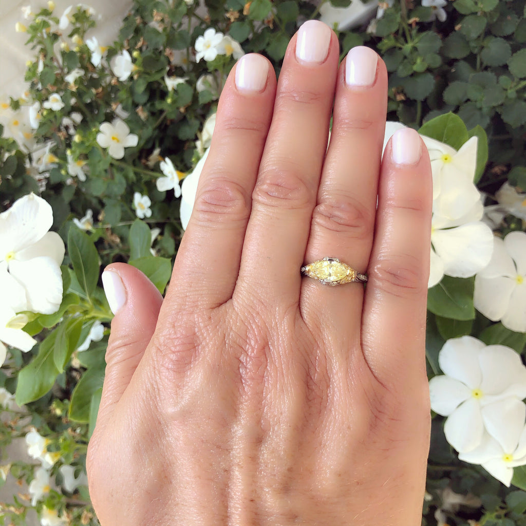 Exclusive GIA 1.04ct Fancy Yellow Diamond Platinum Ring, French