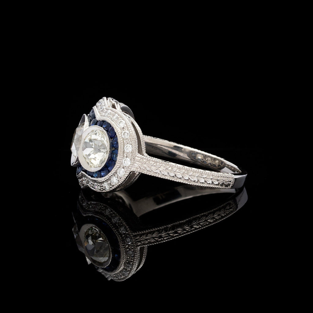 3-Stone Old Mine Cut Diamond Sapphire Platinum Ring
