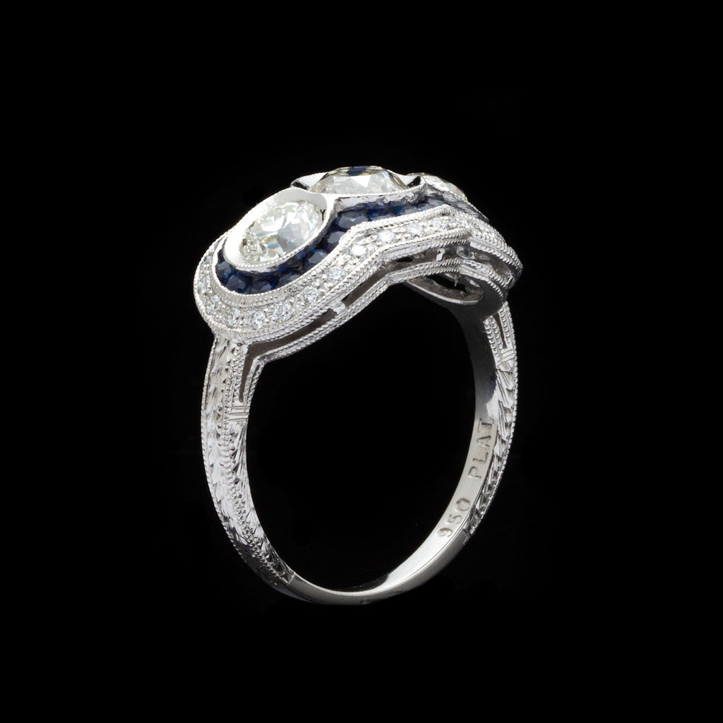 3-Stone Old Mine Cut Diamond Sapphire Platinum Ring