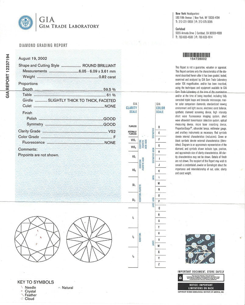 GIA 0.82-ct F/VS2 Diamond Platinum Engagement Ring