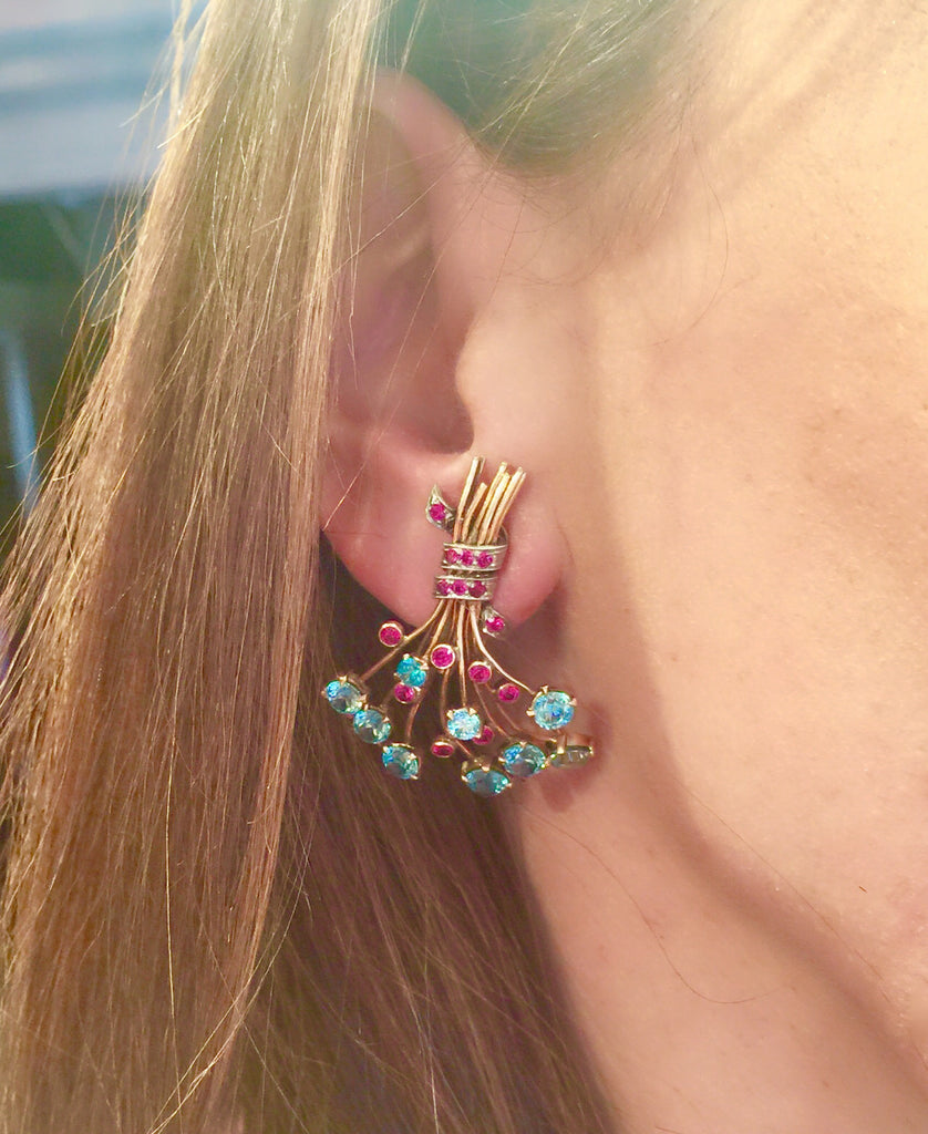 Retro J.E. Caldwell Ruby & Blue Zircon 18Kt Gold Ear Clips, circa 1940s