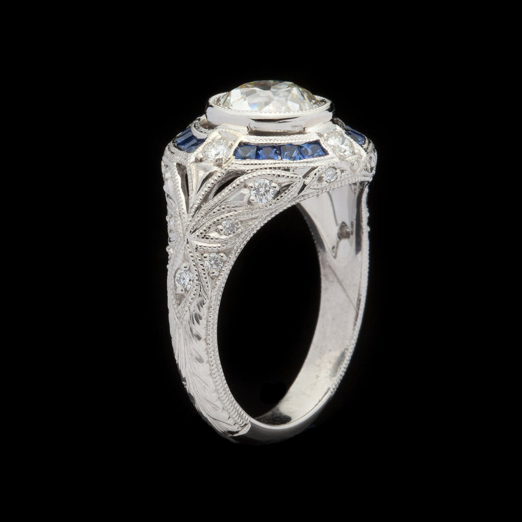 GIA 1.55-ct. F/SI1 Old European Cut Diamond & Blue Sapphire Ring