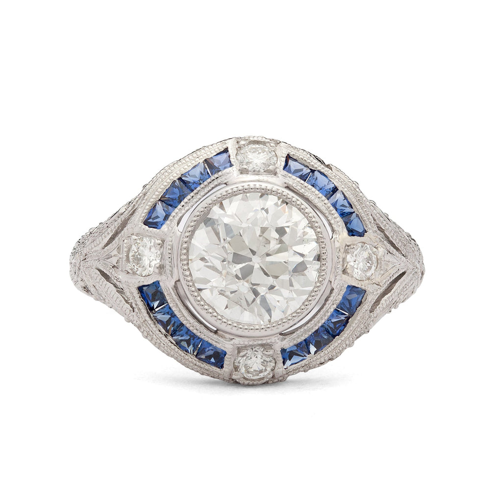 GIA 1.55-ct. F/SI1 Old European Cut Diamond & Blue Sapphire Ring