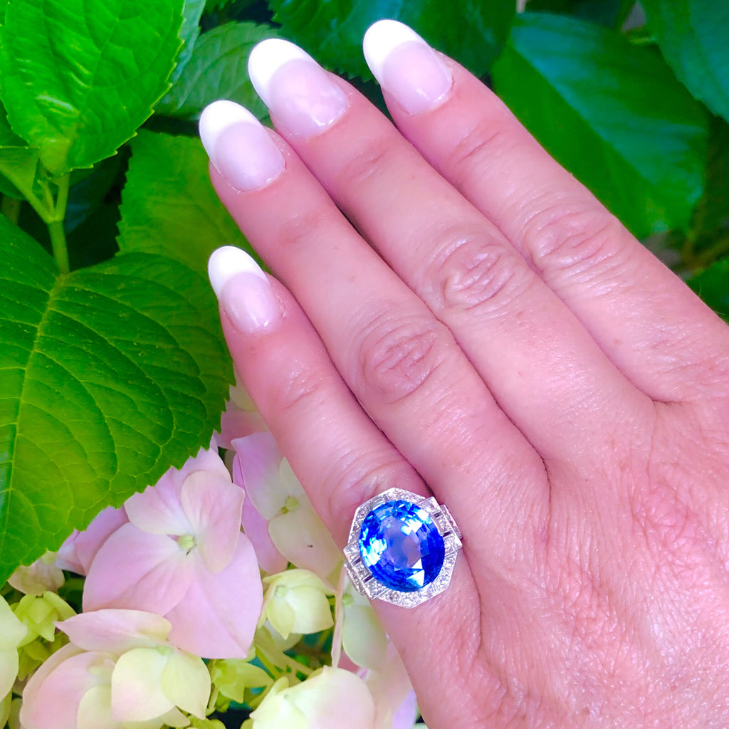Estate 8.25ct Blue Sapphire & Diamond Platinum Ring