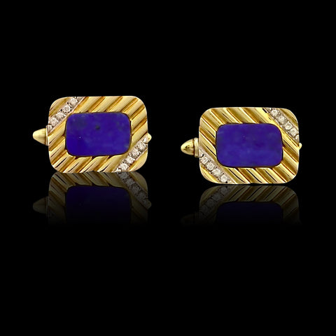 Lapis Lazuli Diamond Yellow Gold Cuff Links, circa 1970s