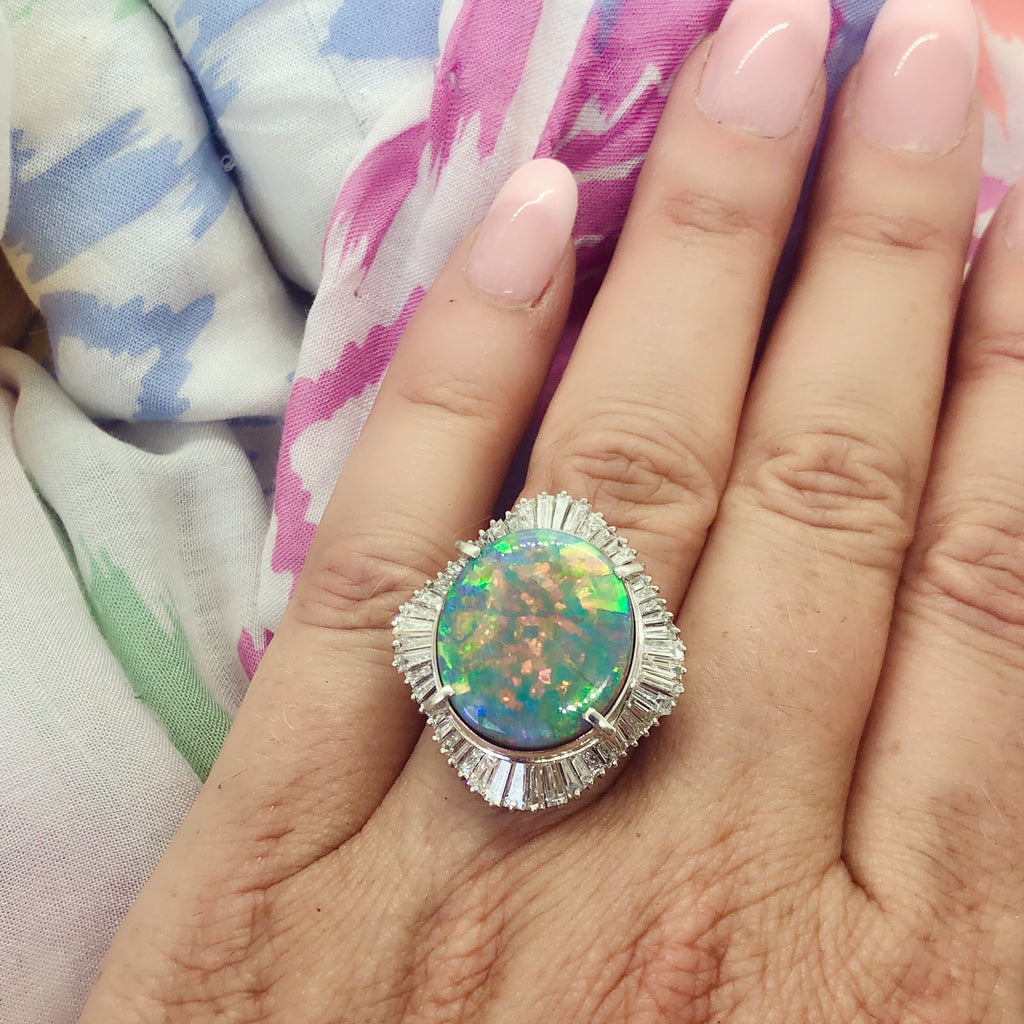 Estate Black Opal & Diamond Platinum Ring