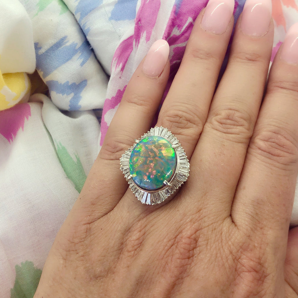 Estate Black Opal & Diamond Platinum Ring