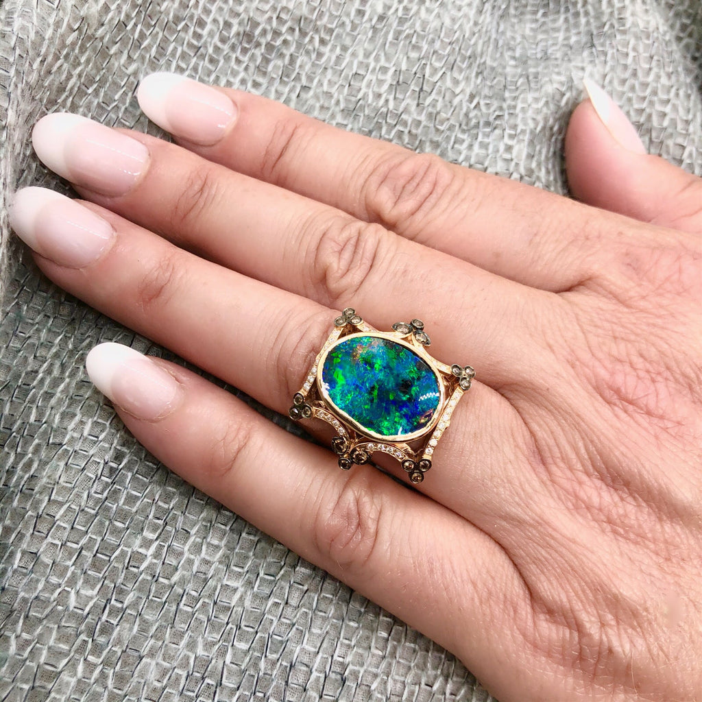 7.23 Carat Black Opal & Diamond 18k Rose Gold Ring