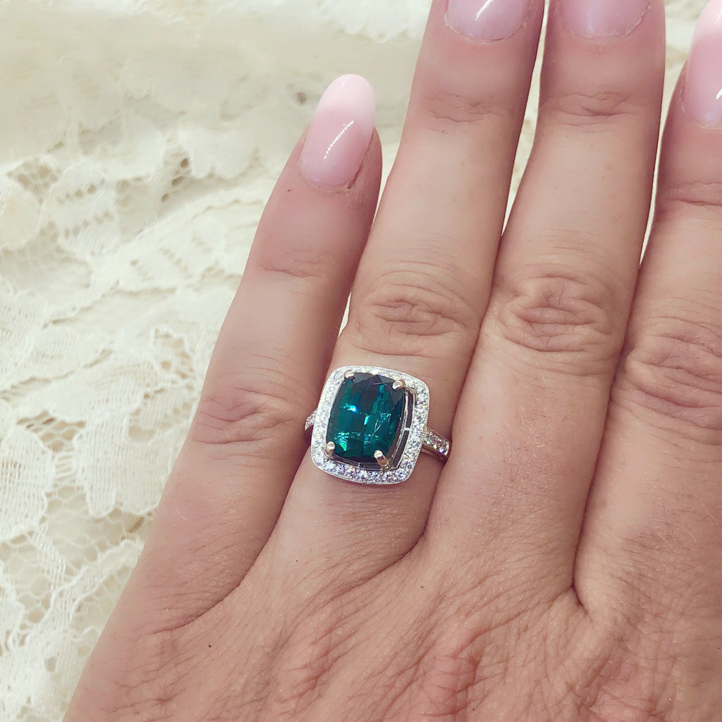 Green Tourmaline & Diamond Platinum Ring