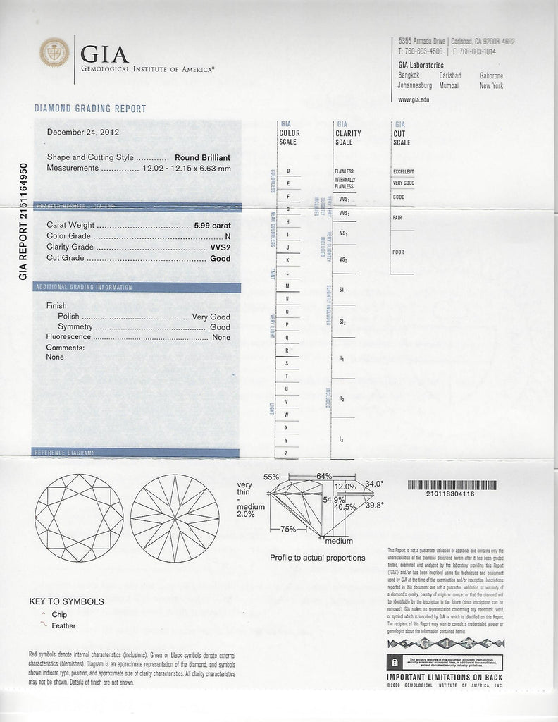 GIA 5.99-ct N/VVS2 Round Brilliant Loose Diamond