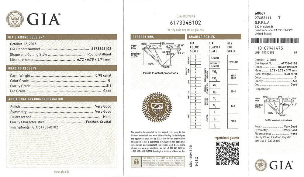 GIA 0.98-ct G/SI1 Round Brilliant Cut Loose Diamond