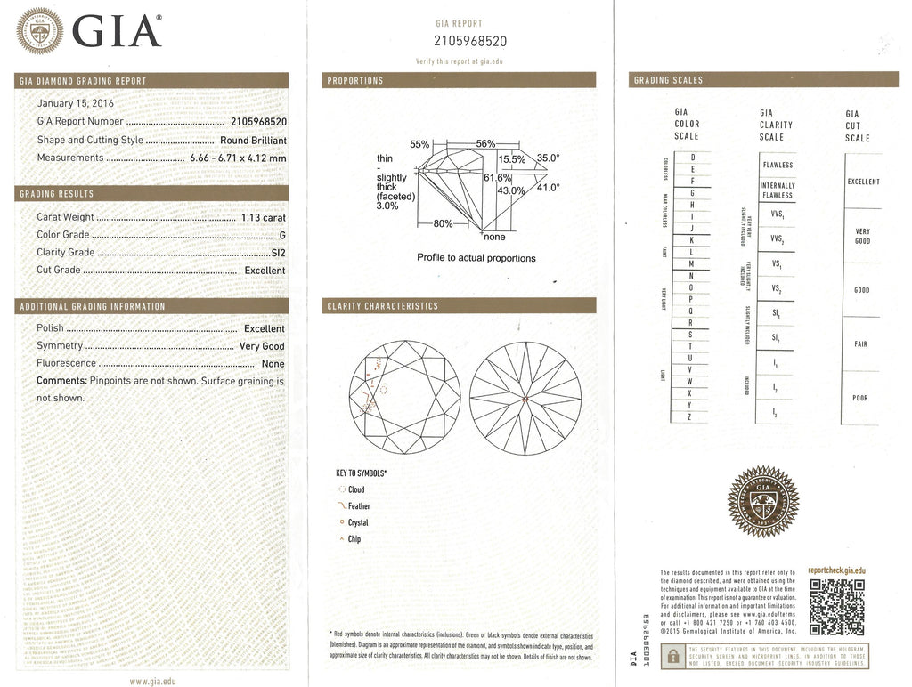 GIA 1.13-ct G/SI2 Diamond Platinum Engagement Ring