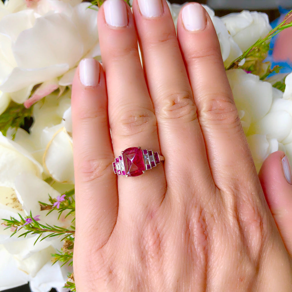 Burmese Fancy Reddish Pink Sapphire Deco Style Ring