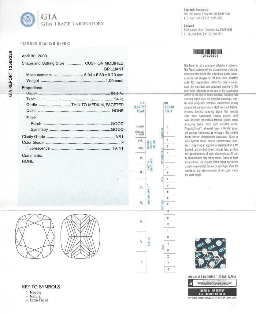 GIA 1.00 Carat Cushion Cut Diamond Platinum Ring