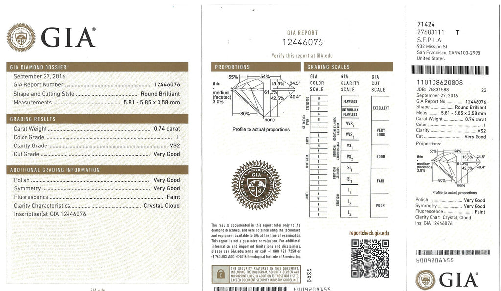 GIA 0.74-ct I/VS2 Round Brilliant Loose Diamond