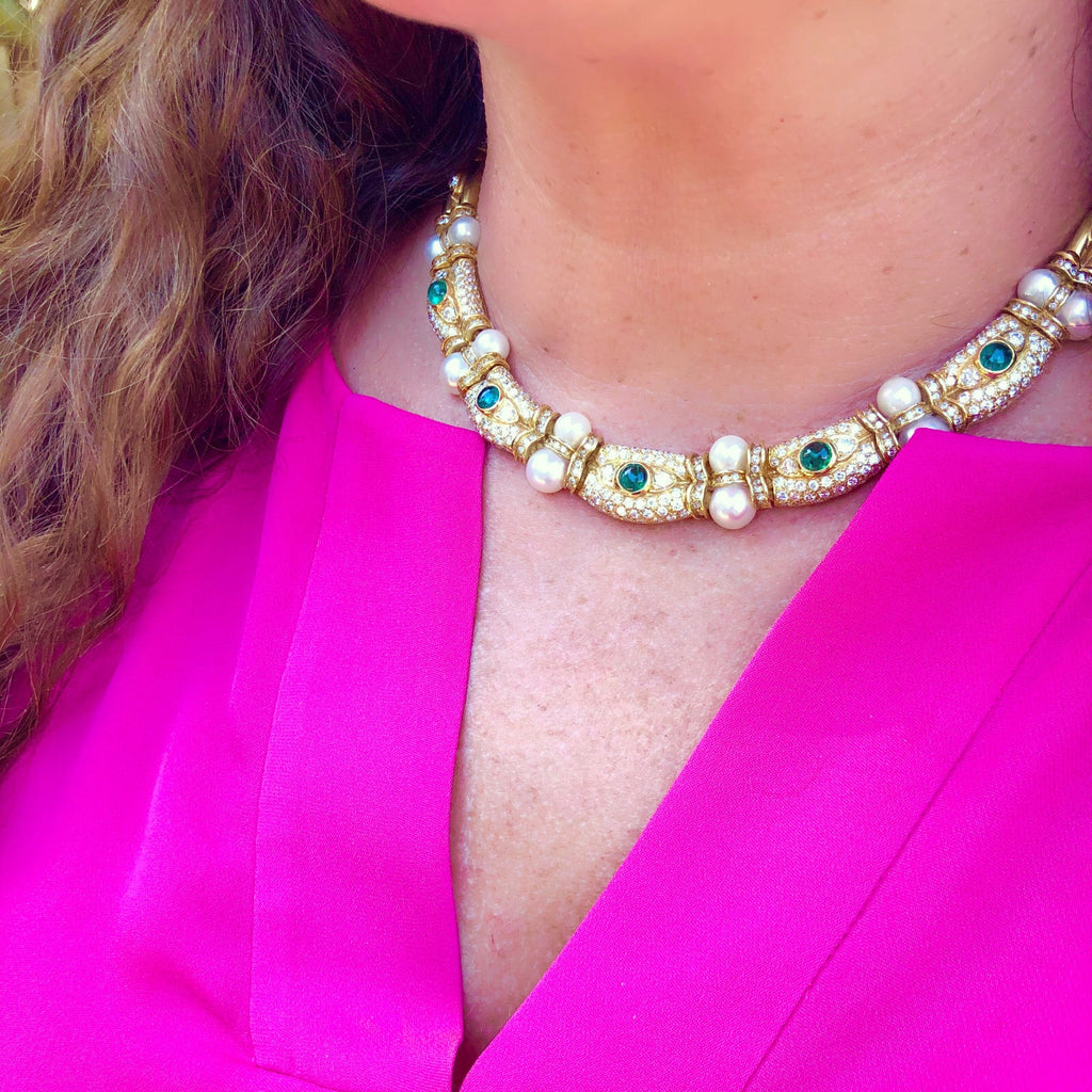 Pearl Emerald Diamond 18k Yellow Gold Choker Necklace, Italy, circa 1980s