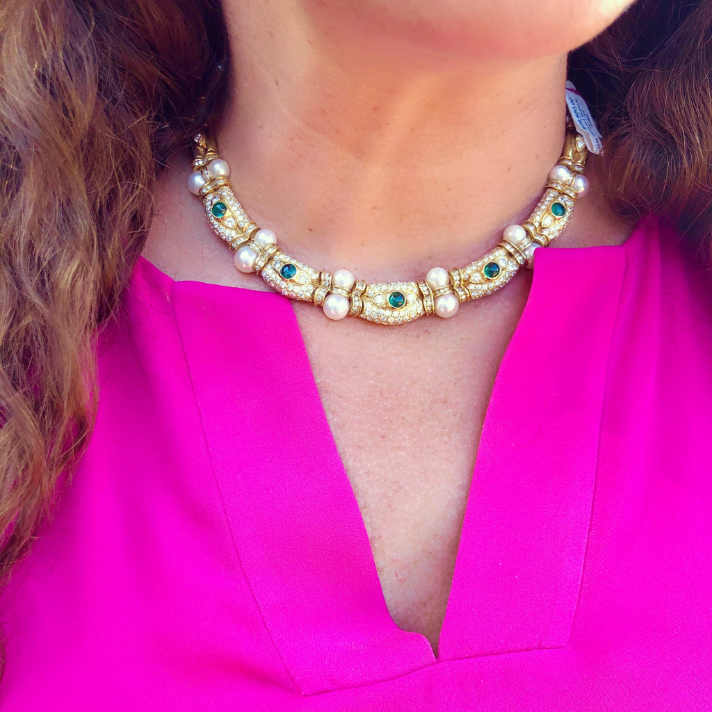 Pearl Emerald Diamond 18k Yellow Gold Choker Necklace, Italy, circa 1980s