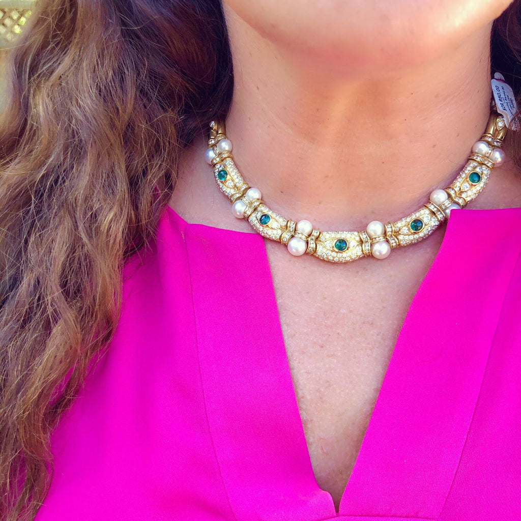 Pearl Emerald Diamond 18k Yellow Gold Choker Necklace, Italy, circa 1980s