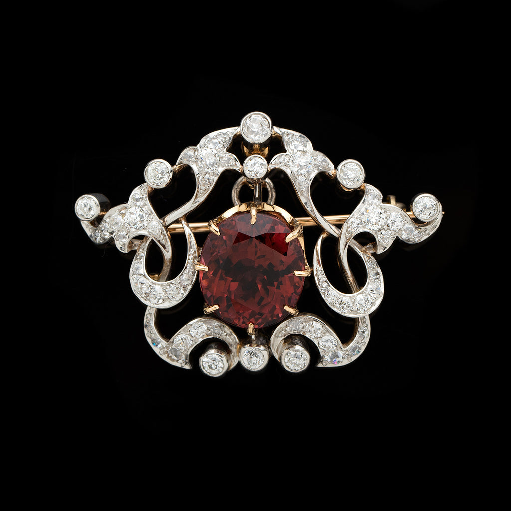 Edwardian Gold & Platinum Rubellite & Diamond Brooch Pendant