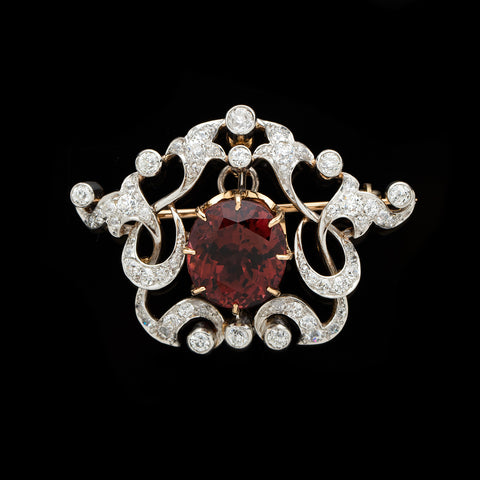 Edwardian Gold & Platinum Rubellite & Diamond Brooch Pendant
