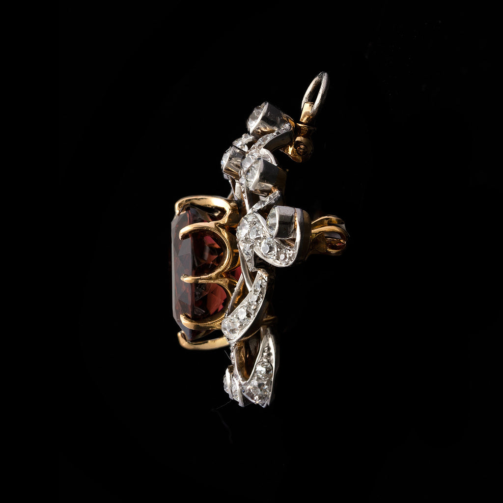 Edwardian Gold & Platinum Rubellite & Diamond Brooch Pendant