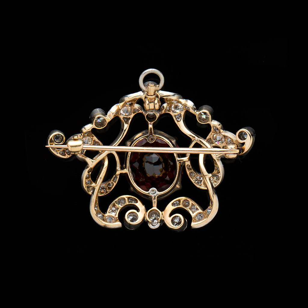 Edwardian Gold & Platinum Rubellite & Diamond Brooch Pendant