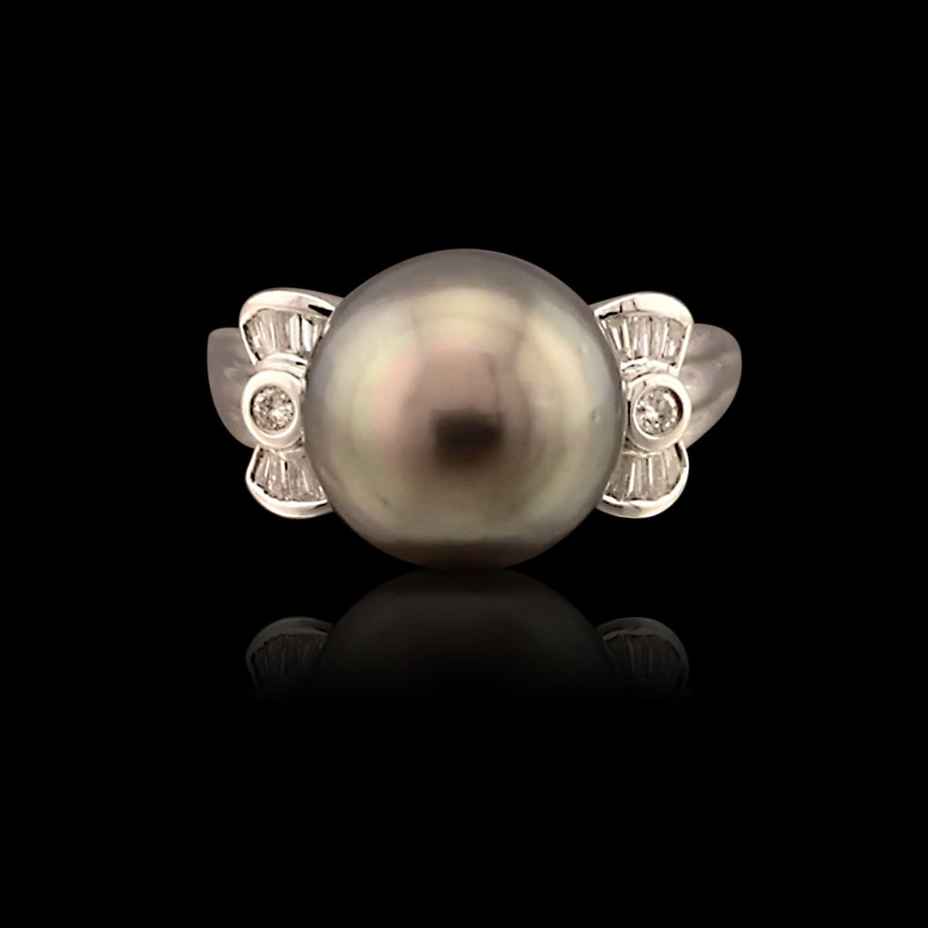 Tahitian Cultured Pearl, Diamond and 14k White Gold Ring
