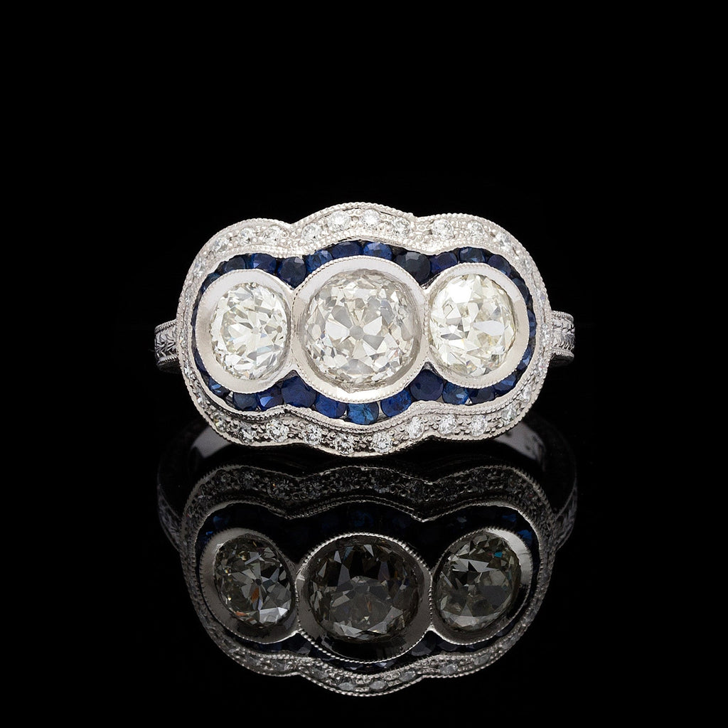 3-Stone Old Mine Cut Diamond Sapphire Platinum Ring