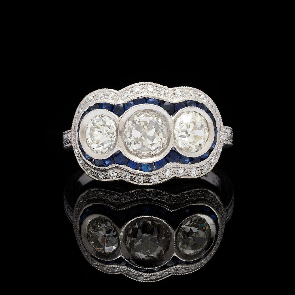 3-Stone Old European Cut Diamond Sapphire Platinum Ring