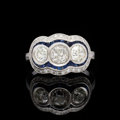 3-Stone Old European Cut Diamond Sapphire Platinum Ring