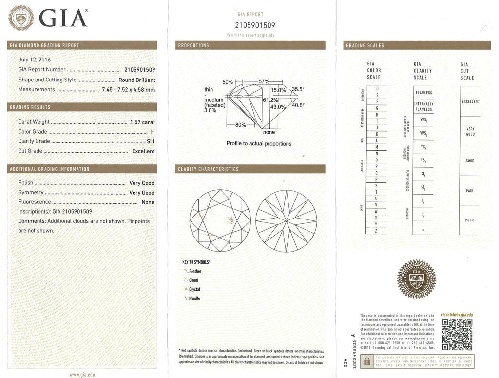 GIA 1.57ct H/SI1 Round Brilliant Diamond Solitaire Halo Ring