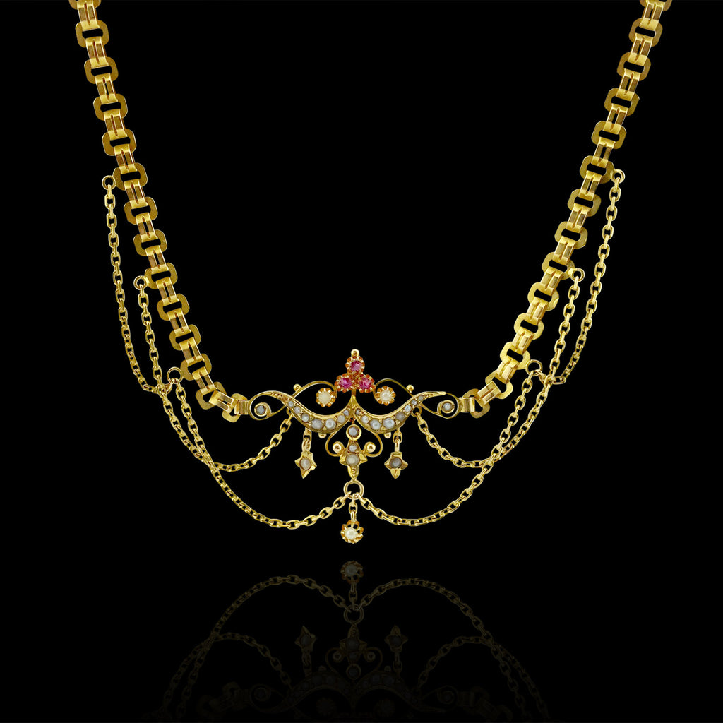 Late Victorian English Ruby & Pearl Gold Bib Necklace, circa 1890