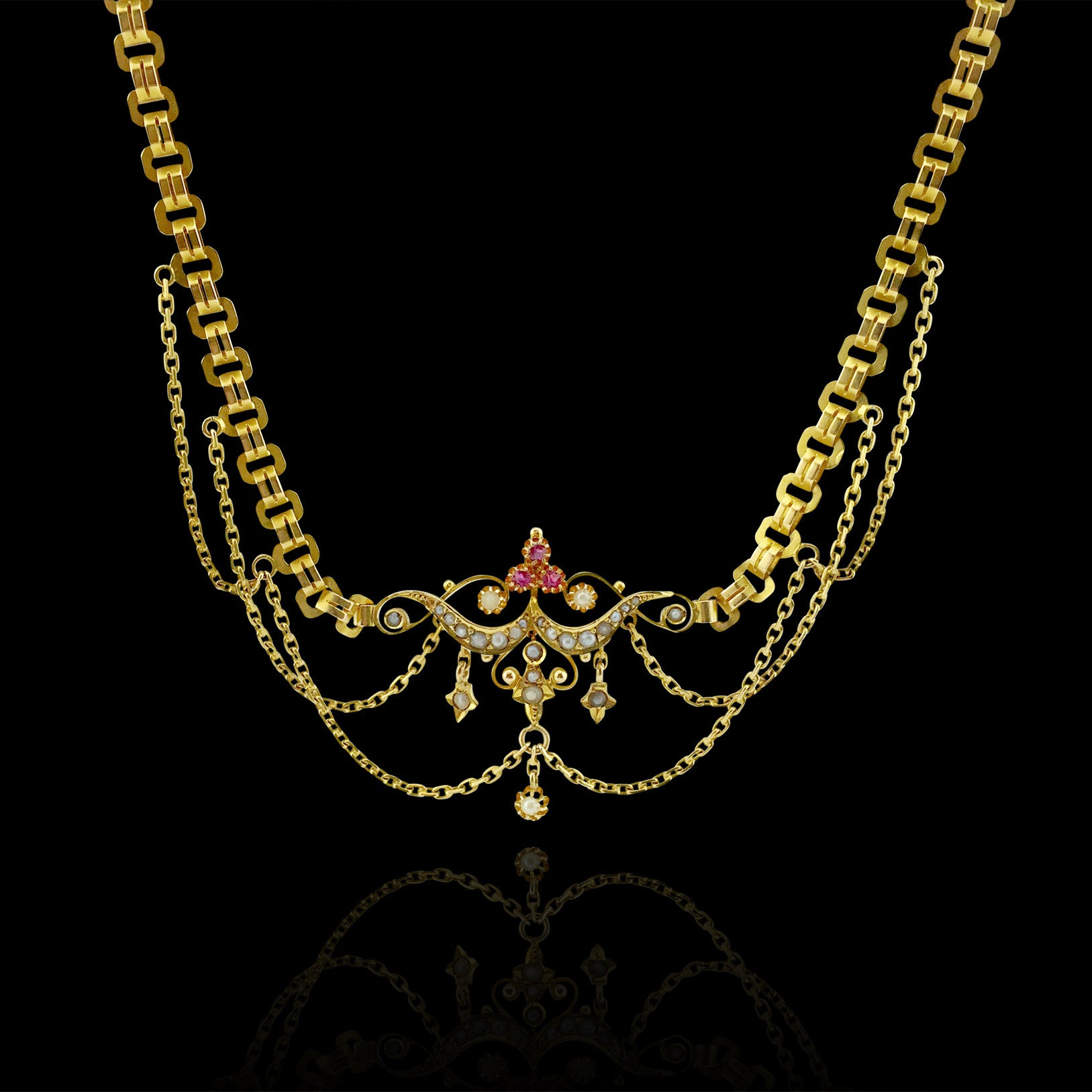 Late Victorian English Ruby Pearl Gold Bib Necklace, circa 1890