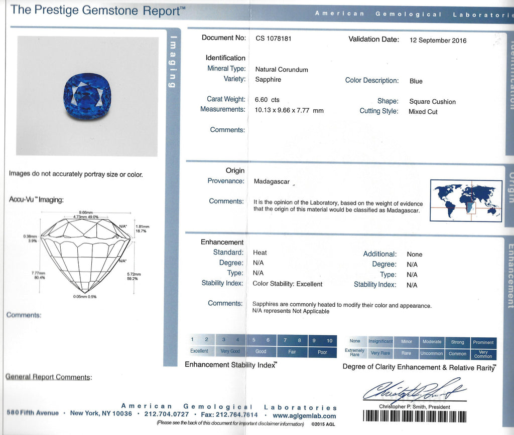 AGL 6.60-ct Madagascar Cushion Cut Blue Sapphire & Triangle Brilliant Cut Diamond Ring