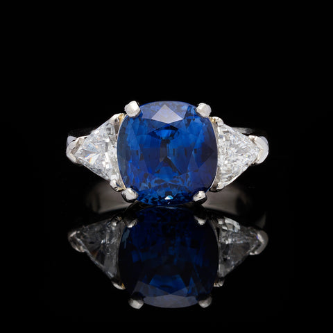 AGL 6.60-ct Madagascar Cushion Cut Blue Sapphire & Triangle Brilliant Cut Diamond Ring
