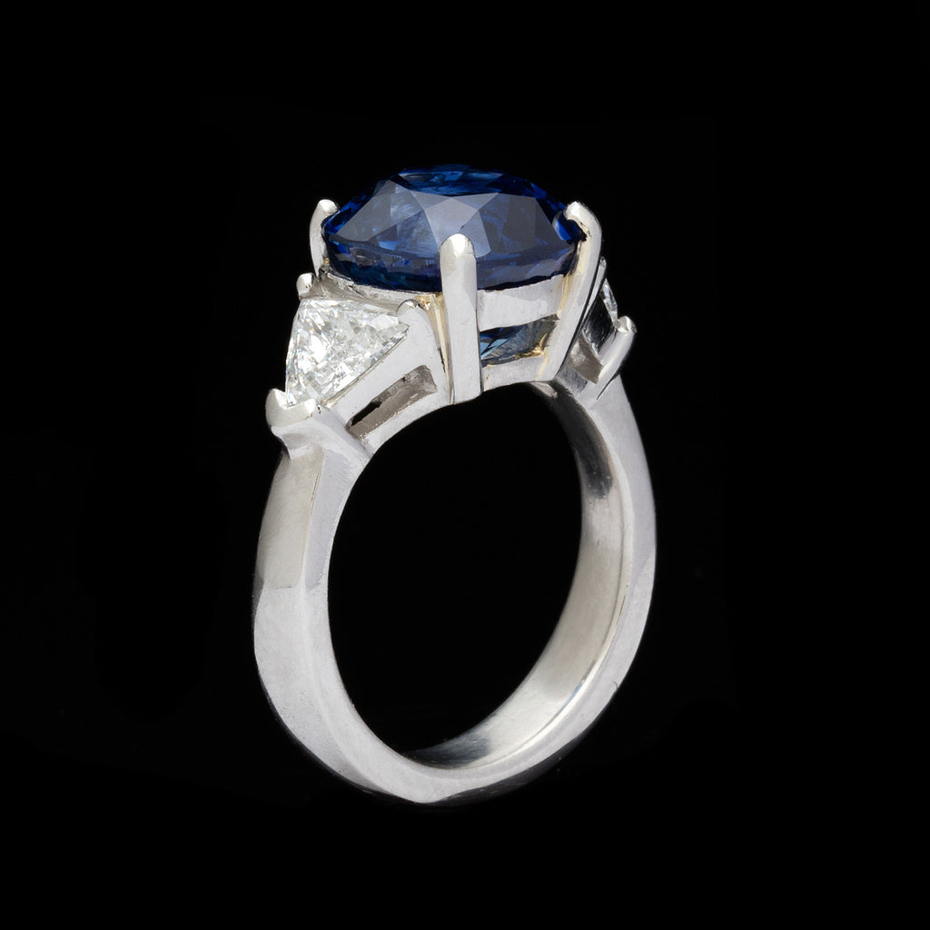 AGL 6.60-ct Madagascar Cushion Cut Blue Sapphire & Triangle Brilliant Cut Diamond Ring